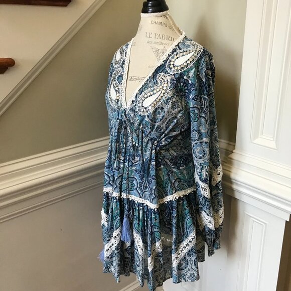 Miss June Kiara Mini Dress Womens Small Medium Blue White Paisley V-Neck Tassels - Picture 5 of 11